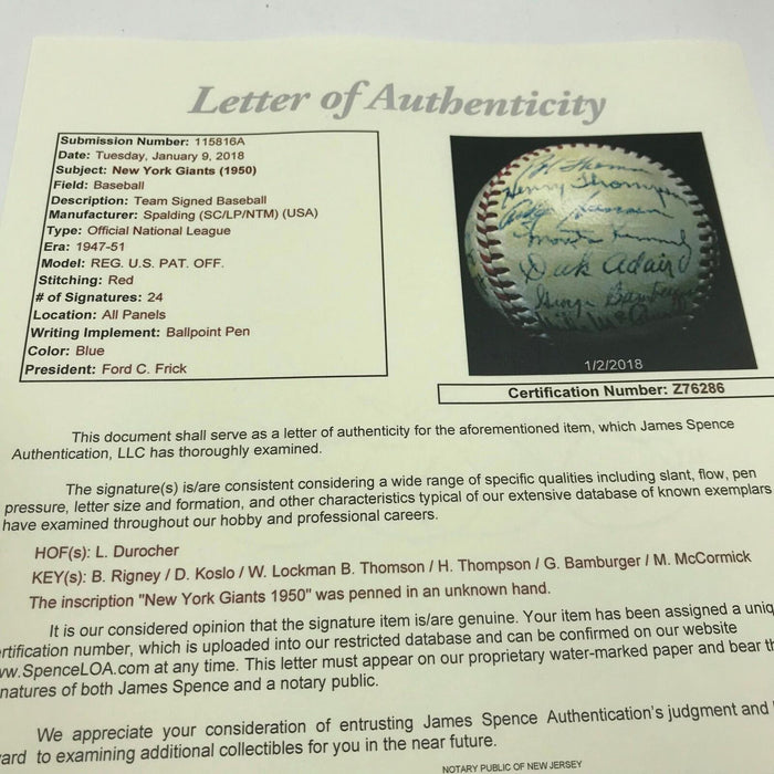 Nice 1950 New York Giants Team Signed National League Baseball With JSA COA