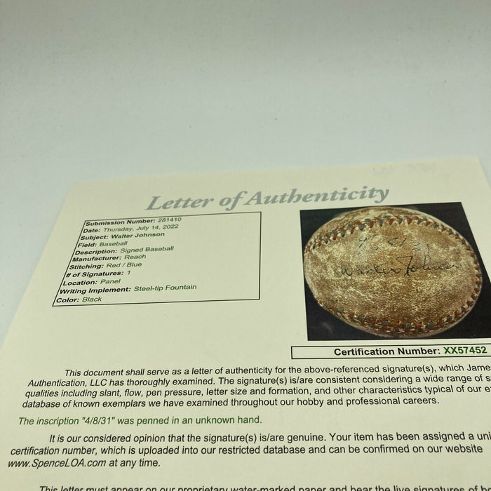 Walter Johnson Single Signed 1931 Official American League Baseball JSA COA