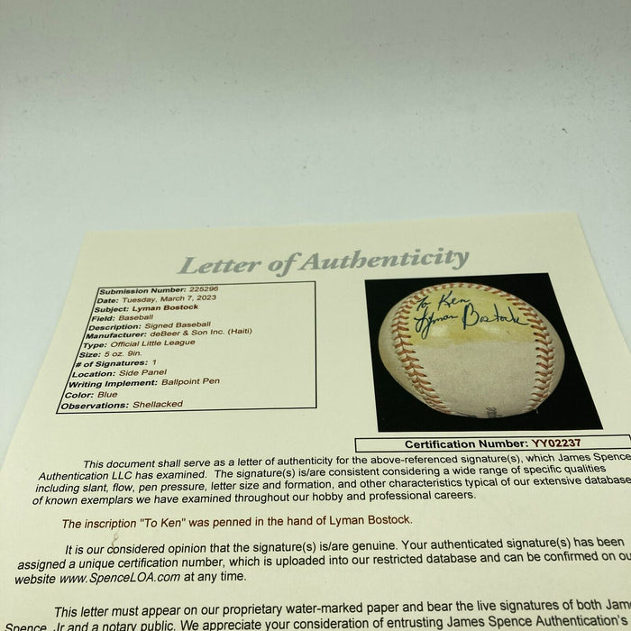 RARE Lyman Bostock Single Signed Baseball Murdered In 1978 JSA COA