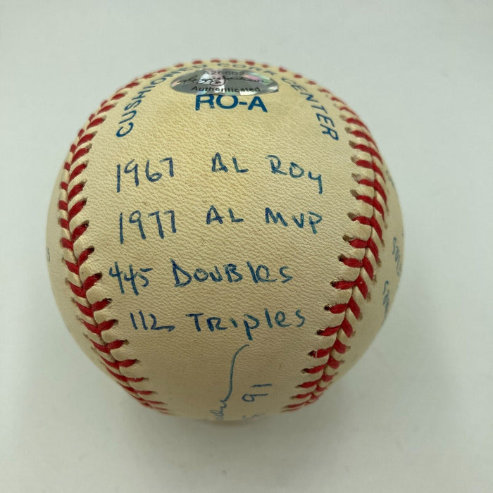 Rod Carew Signed Heavily Inscribed Career STAT Baseball Reggie Jackson COA