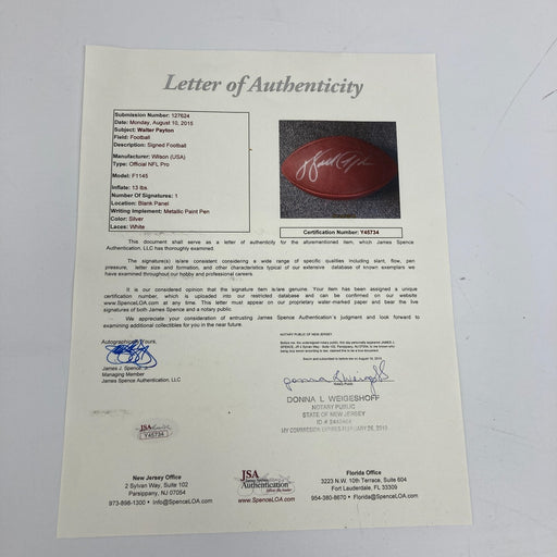 Beautiful Walter Payton Signed Wilson Official NFL Game Football JSA COA