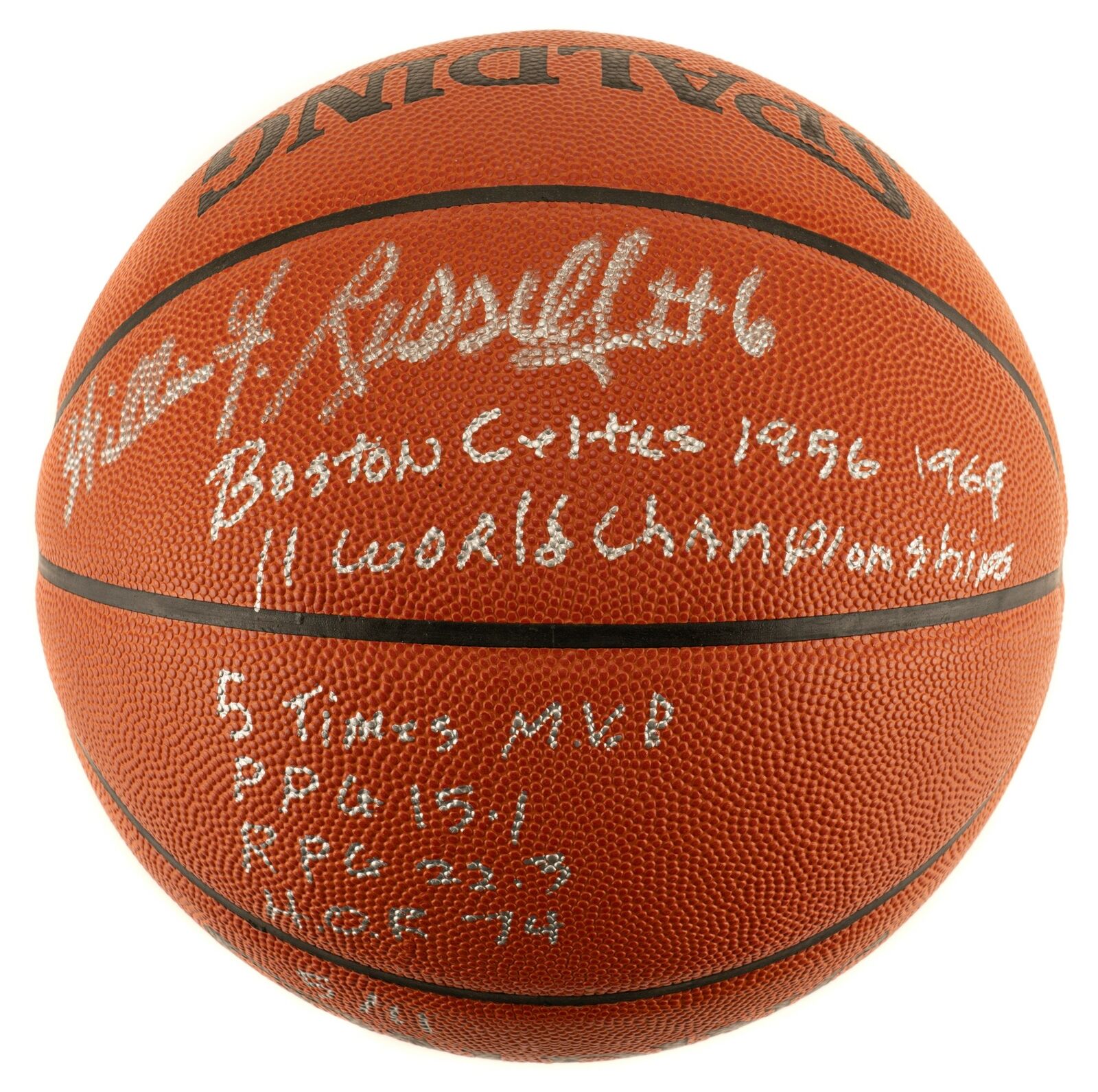 The Finest Bill Russell Signed Heavily Inscribed STAT Basketball #5/11 JSA COA