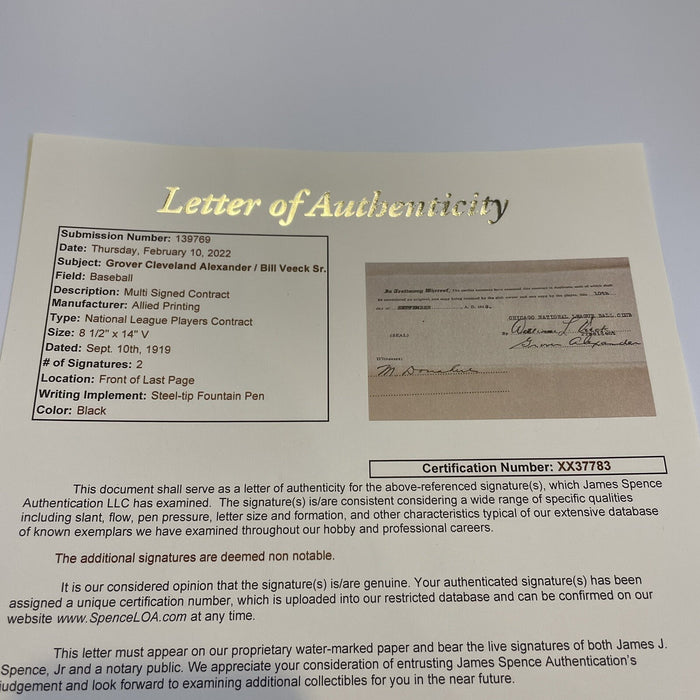 Historic 1920 Grover Alexander Signed Chicago Cubs Contract Triple Crown Season