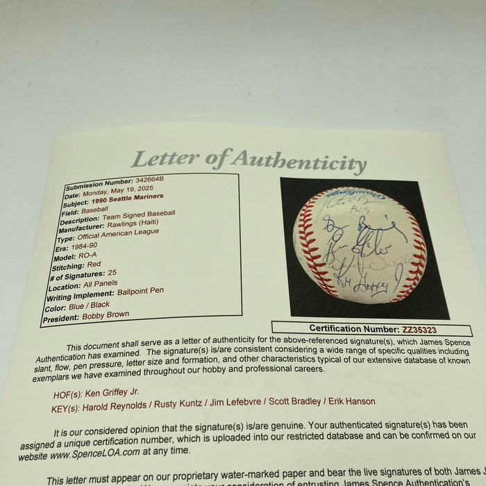 Ken Griffey Jr. 1990 Seattle Mariners Team Signed American League Baseball JSA