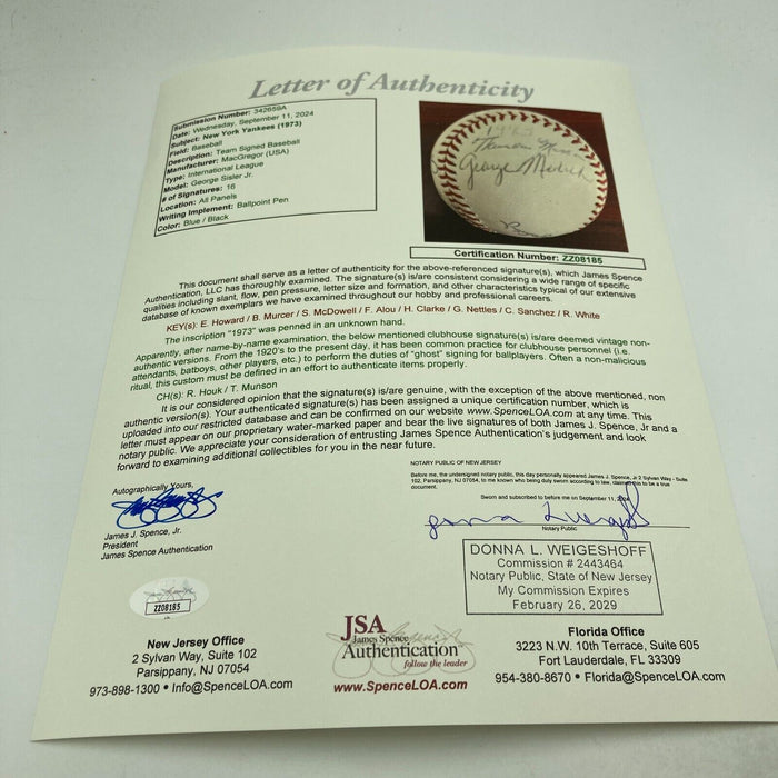 1973 New York Yankees Team Signed Baseball JSA COA