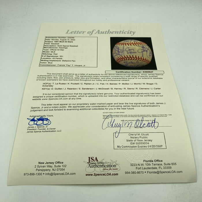 1991 All Star Game Team Signed Baseball Cal Ripken Jr. Kirby Puckett JSA COA