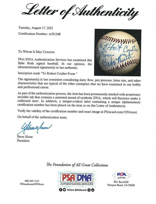 Stunning Babe Ruth Single Signed 1920's Baseball With PSA DNA COA