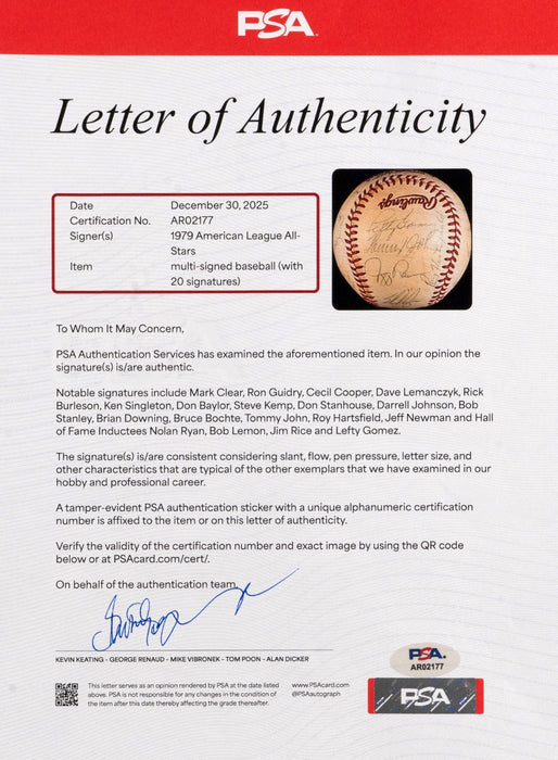 1979 All Star Game Team Signed Baseball Nolan Ryan PSA DNA COA