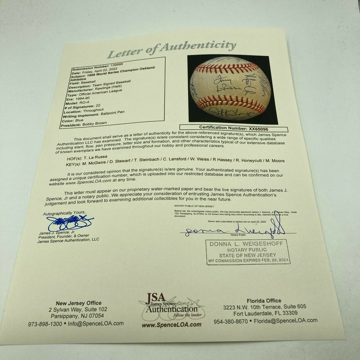 1989 Oakland A's World Series Champs Team Signed W.S. Baseball JSA COA