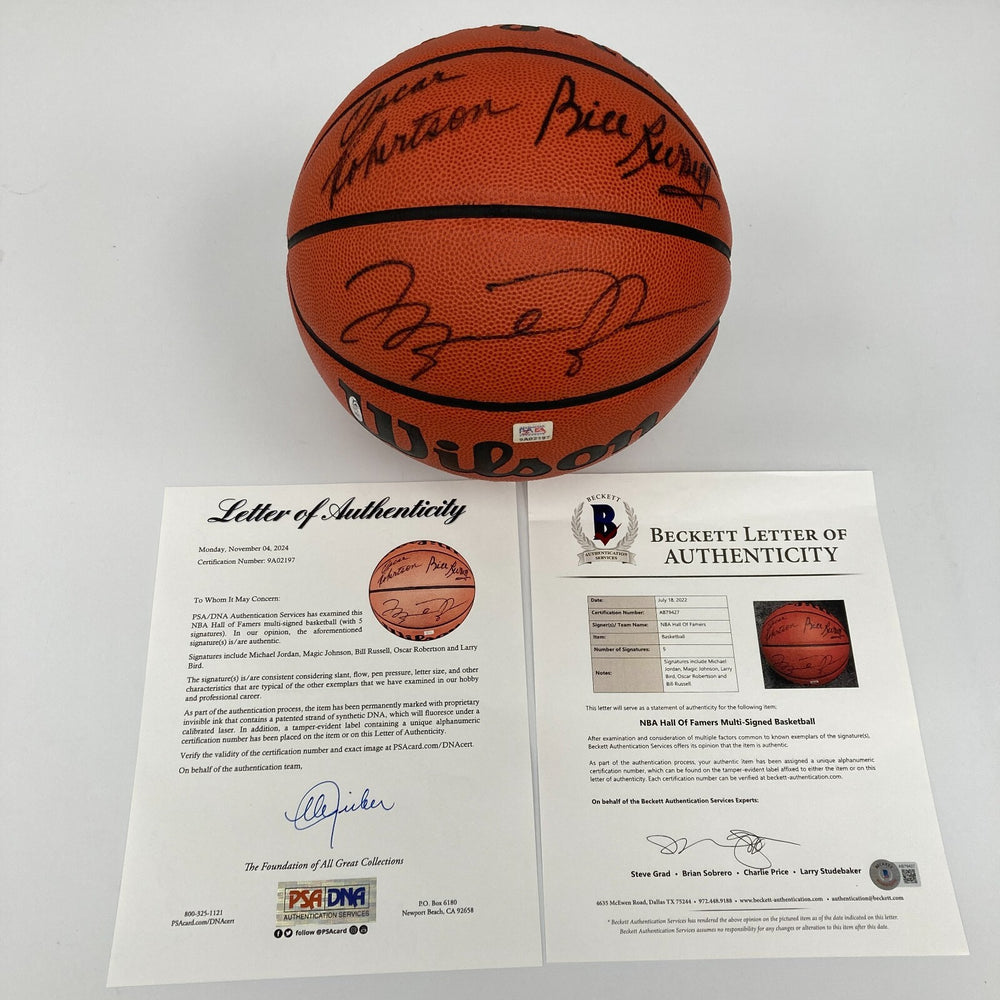 Michael Jordan Bill Russell Magic Johnson Larry Bird Signed Basketball UDA & PSA