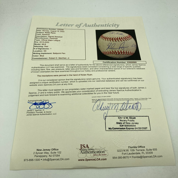 Beautiful Nolan Ryan Signed Heavily Inscribed Career STAT Baseball JSA COA