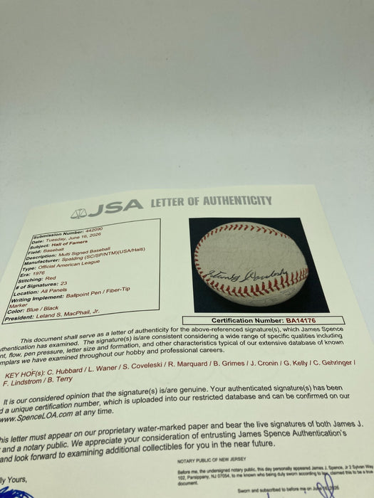1976 HOF Induction Signed Baseball Lloyd Waner Stan Coveleski Rube Marquard JSA