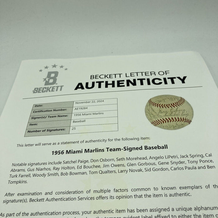 Satchel Paige Sweet Spot 1956 Miami Marlins Team Signed Baseball Beckett COA