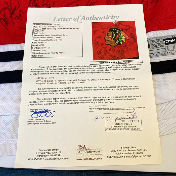 2014-15 Chicago Blackhawks Stanley Cups Champs Team Signed Jersey JSA COA