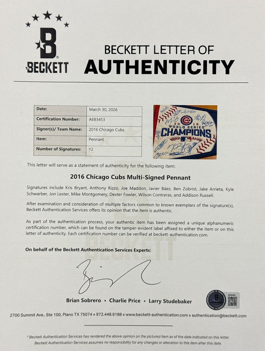 2016 Chicago Cubs World Series Champs Team Signed Large Pennant Beckett COA