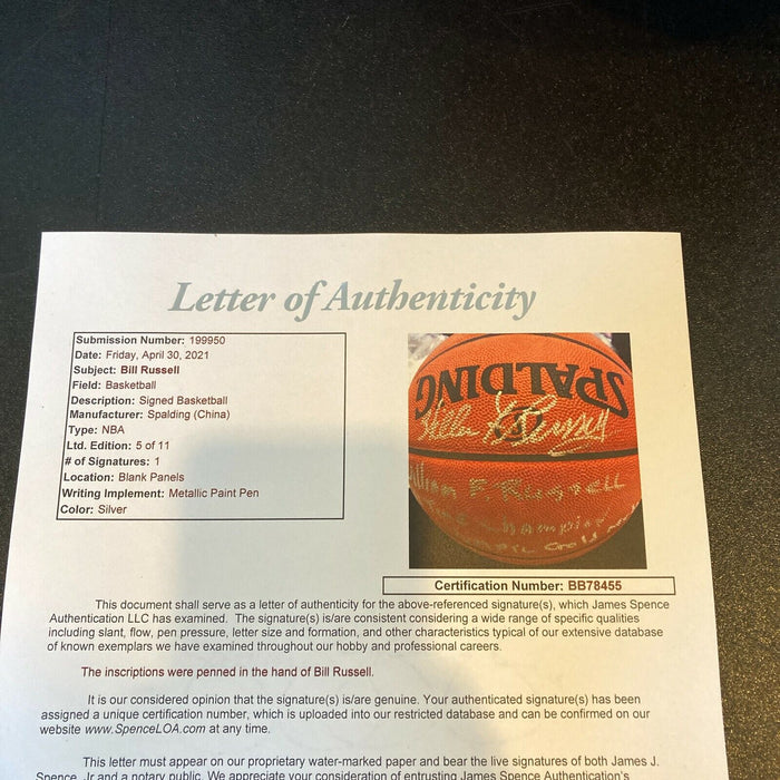 Extraordinary Bill Russell Signed Heavily Inscribed STAT Basketball #5/11 JSA