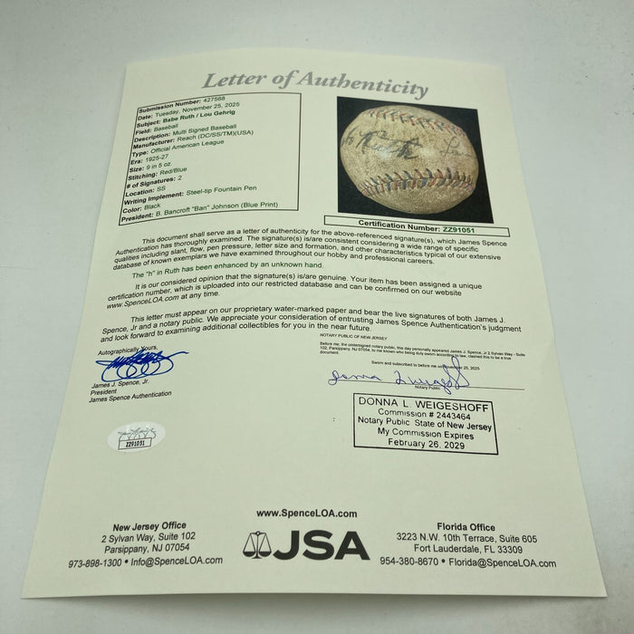 Babe Ruth & Lou Gehrig Dual Signed 1927 Official American League Baseball JSA