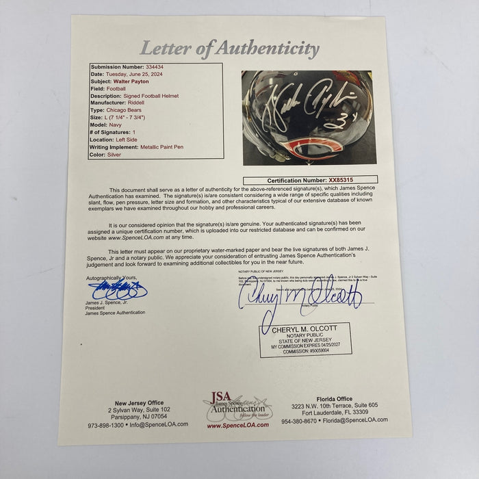 Walter Payton Signed Riddell Authentic Chicago Bears Full Size Helmet JSA COA