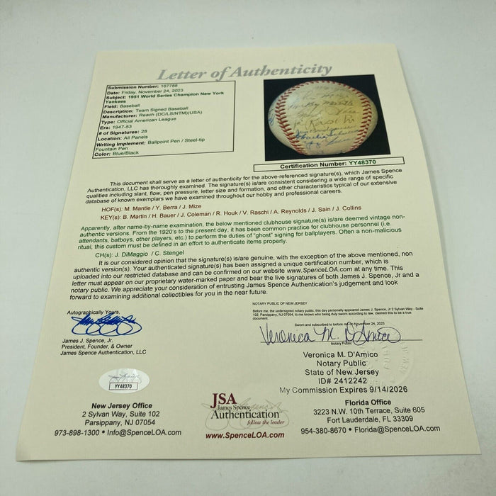1951 Yankees World Series Champs Team Signed Baseball Mickey Mantle Rookie JSA