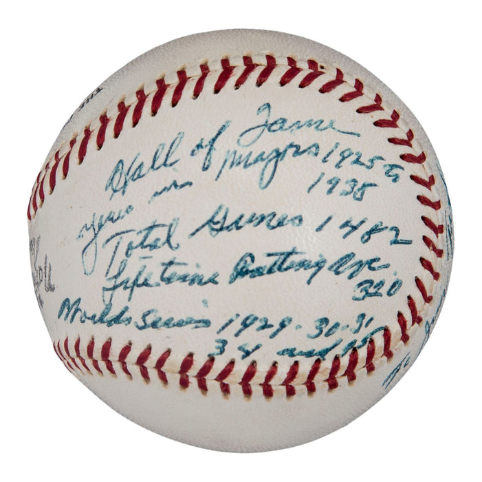 The Finest Mickey Cochrane Single Signed Heavily Inscribed Stat Baseball PSA DNA