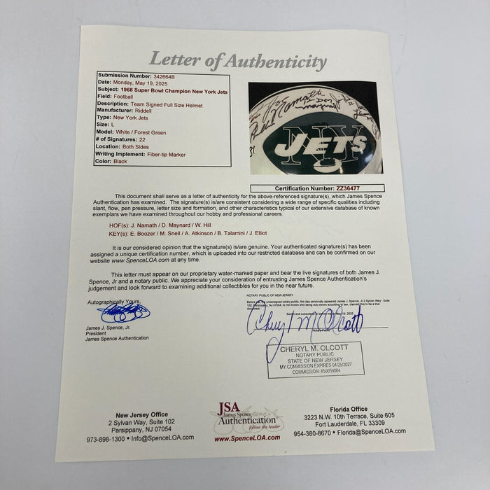 1969 New York Jets Super Bowl Champs Team Signed Authentic Game Helmet JSA COA
