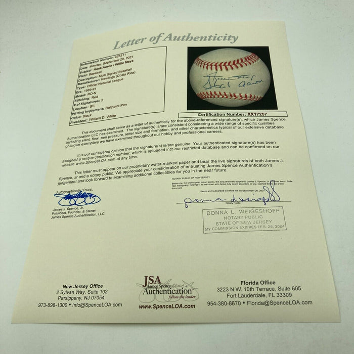 Willie Mays & Hank Aaron Signed Autographed National League Baseball JSA COA