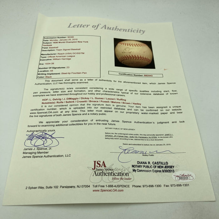 1936 New York Yankees World Series Champs Team Signed Baseball Lou Gehrig JSA