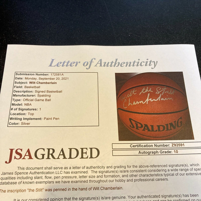 The Finest Wilt "The Stilt" Chamberlain Signed Basketball JSA Graded GEM MINT 10