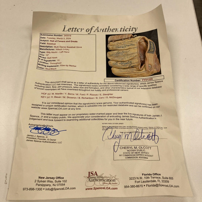 Mickey Mantle 1955 New York Yankees Team Signed Baseball Glove JSA COA