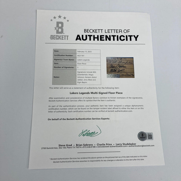 Wilt Chamberlain Magic Johnson Signed Los Angeles Lakers Game Used Floor Beckett