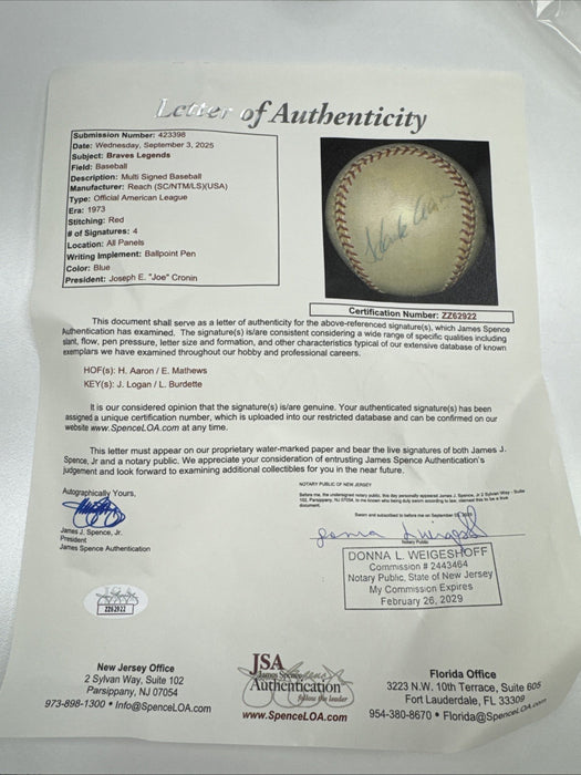 Hank Aaron Eddie Mathews Signed Vintage 1973 American League Cronin Baseball JSA