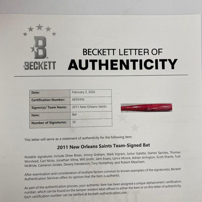 2011 New Orleans Saints Team Signed Baseball Bat 30 Sigs Drew Brees Beckett COA