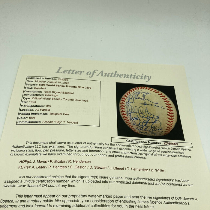 1993 Toronto Blue Jays World Series Champs Team Signed W.S. Baseball JSA COA