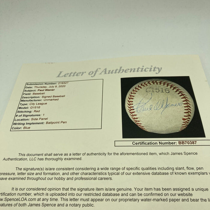 Beautiful Paul Waner Single Signed Baseball JSA COA