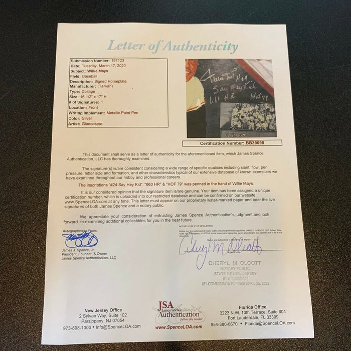 Beautiful Willie Mays Signed Heavily Inscribed Hand Painted Home Plate JSA COA
