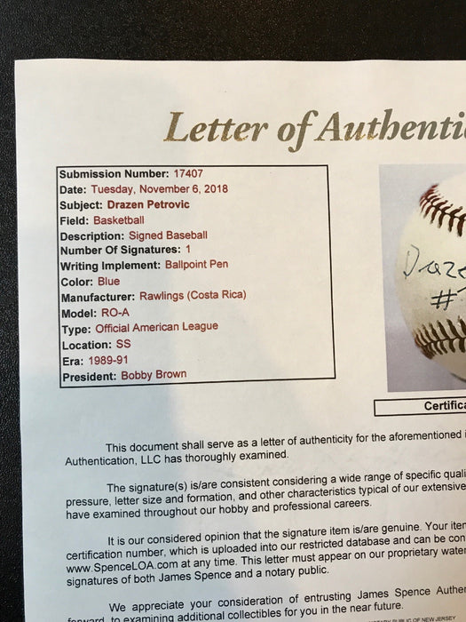 Rare Drazen Petrovic Single Signed Autographed American League Baseball JSA COA
