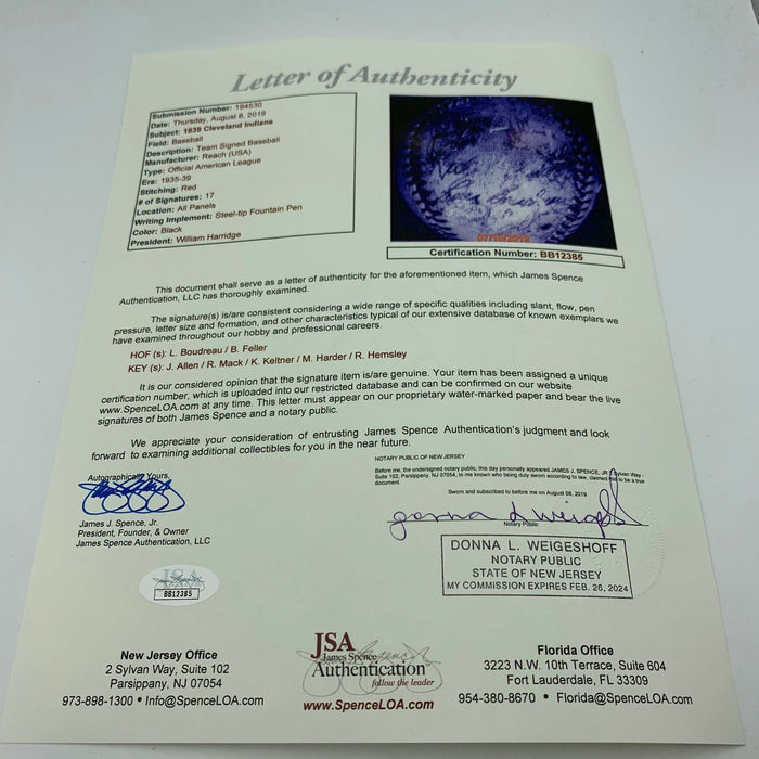 1939 Cleveland Indians Team Signed Centennial American League Baseball JSA COA