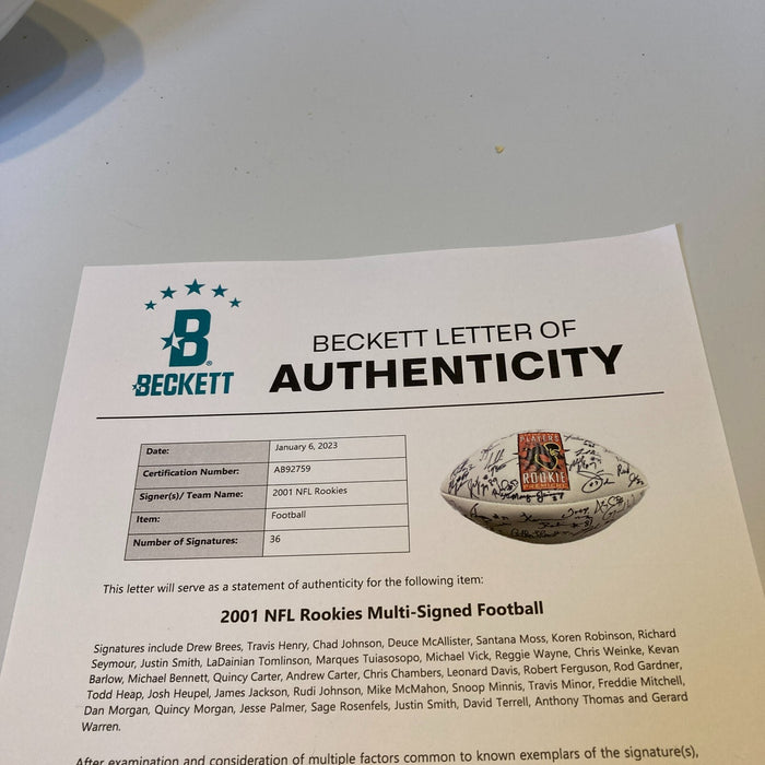 Drew Brees 2001 NFL Rookies Multi Signed Football 36 Sigs Beckett COA