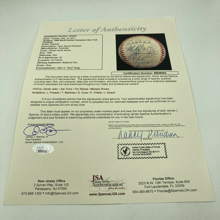 1998 New York Yankees World Series Champs Team Signed Baseball Derek Jeter JSA