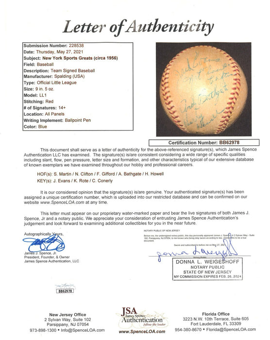 1956 New York Giants, Rangers Knicks Signed Baseball JSA Frank Gifford Kyle Rote