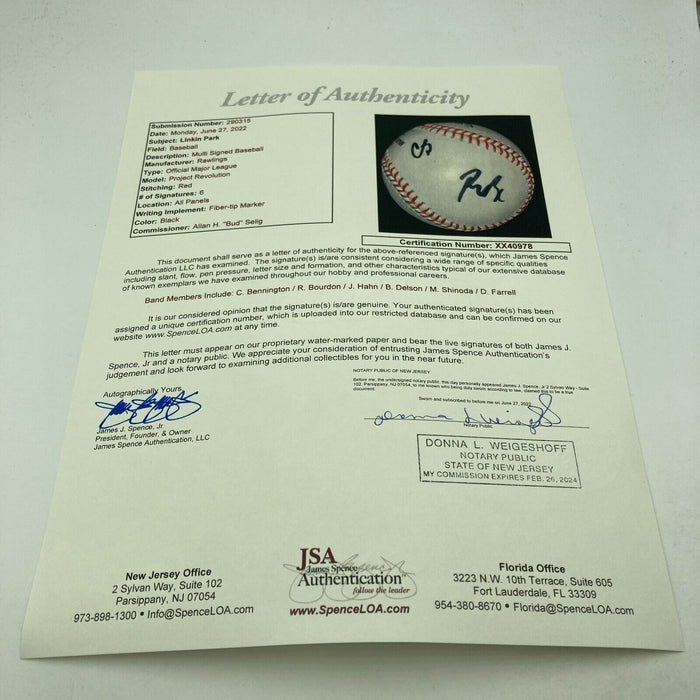 Linkin Park Band Signed Baseball 6 Signatures With Chester Bennington JSA COA