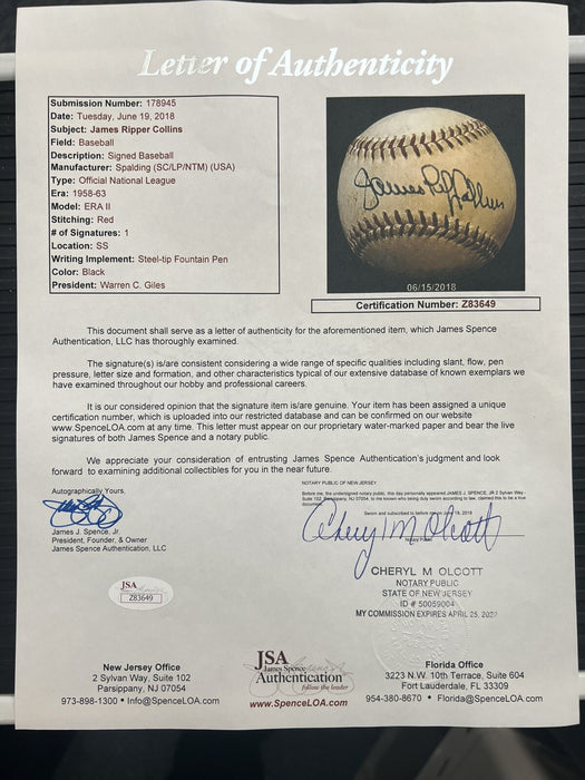 James Rip Collins Single Signed Official National League Baseball JSA COA RARE