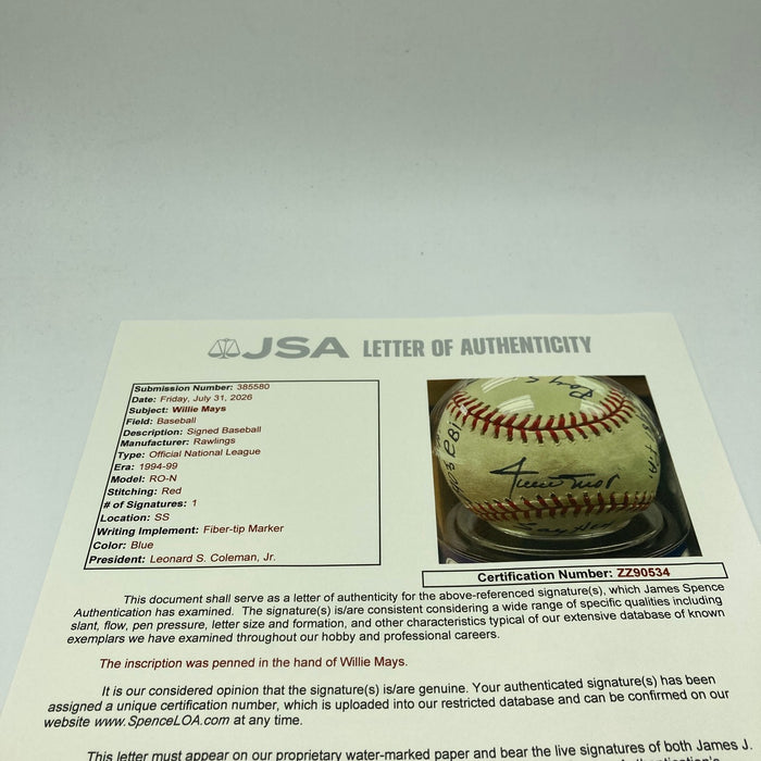 Willie Mays Signed Heavily Inscribed Career STAT Baseball Beckett MINT 9 & JSA