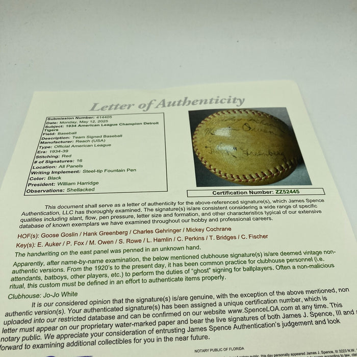 1934 Detroit Tigers AL Champs Team Signed Baseball Hank Greenberg JSA COA