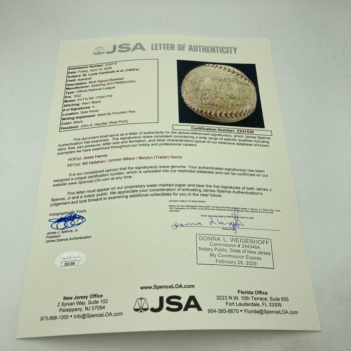 Jesse Haines 1930's Cardinals Signed Official National League Baseball JSA COA