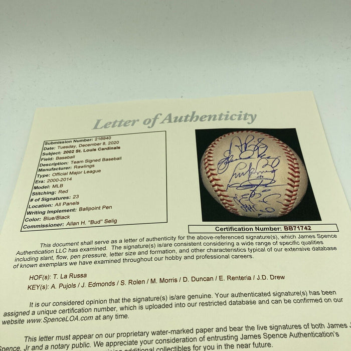 2002 St. Louis Cardinals Team Signed Major League Baseball Albert Pujols JSA COA