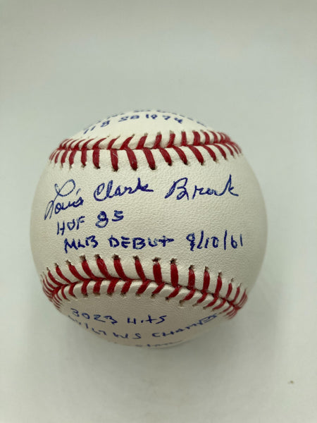 Lou Brock Full Name Signed Heavily Inscribed STAT Baseball JSA COA