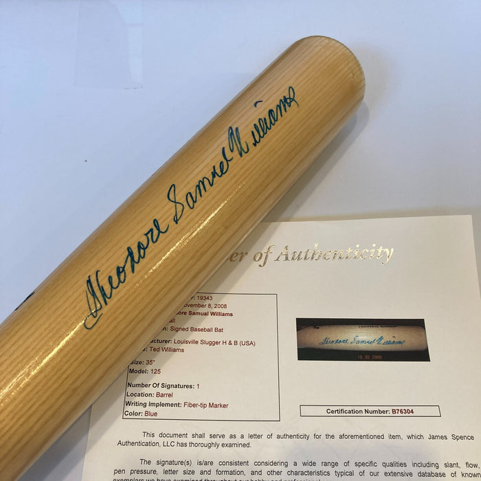 Mint Ted "Theodore Samuel" Williams Full Name Signed Bat JSA COA