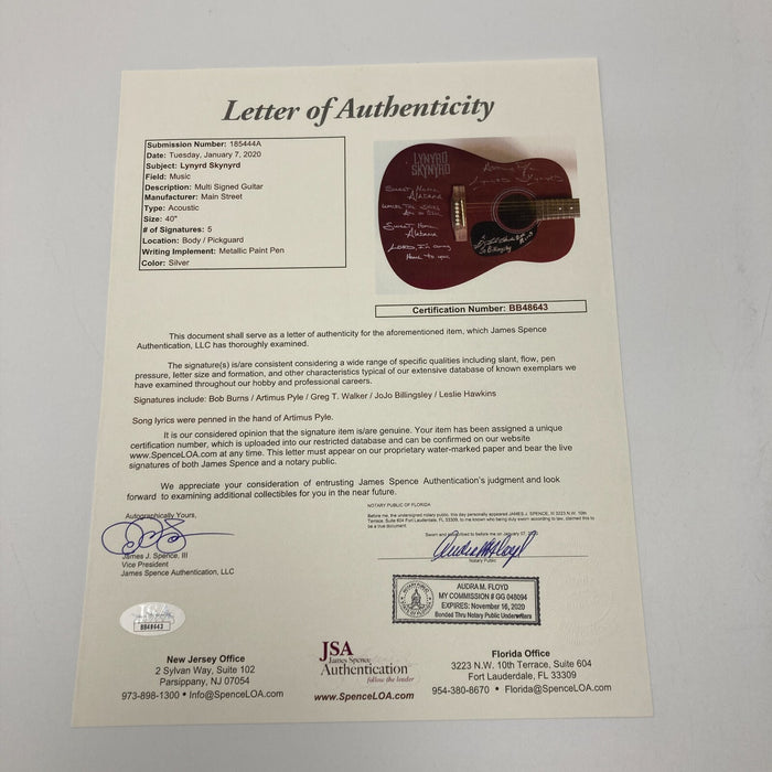 Lynyrd Skynyrd Band Signed Inscribed Main Street Acoustic Guitar JSA COA
