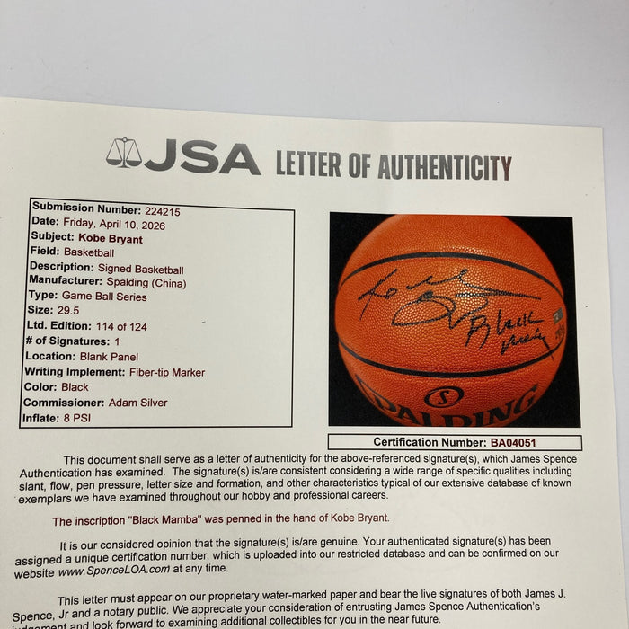 Kobe Bryant "Black Mamba" Signed Inscribed Basketball Panini & JSA COA RARE